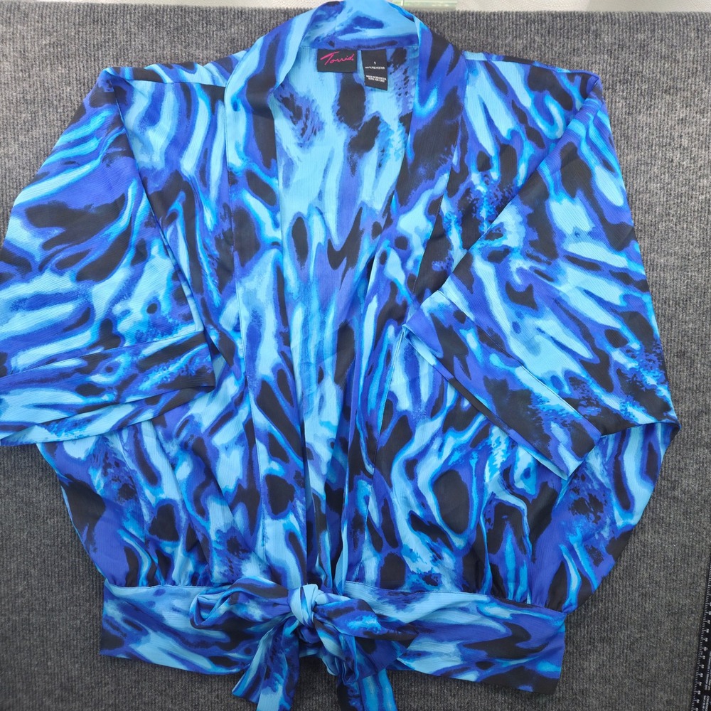 Torrid Kimono Wrap Top Women 1 Blue Black Abstract Chiffon Tie Front